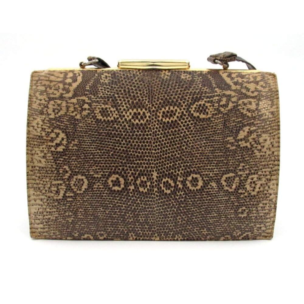 Vintage 60s Genuine Leather Reptile Purse YKK Zip Gold Frame Kiss Lock Bag